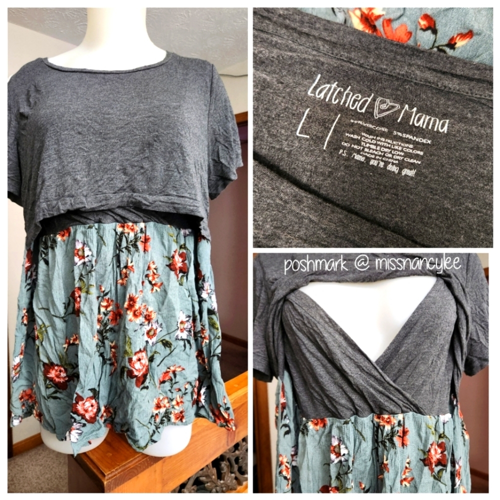 Latched Mama Gray and Green Floral Women's Top